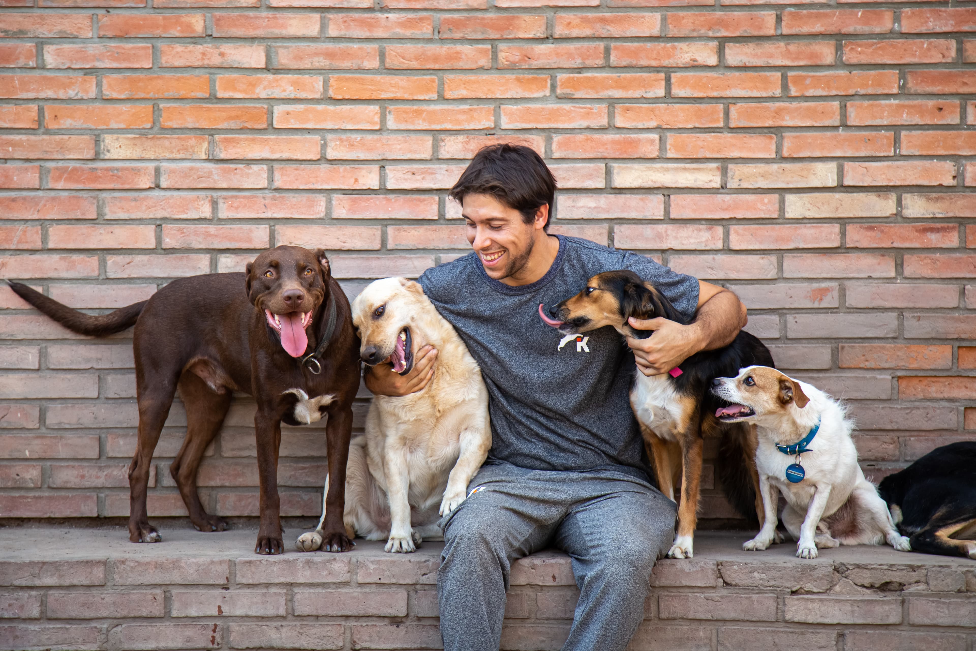 Germán rodeado de perros, sonriendo